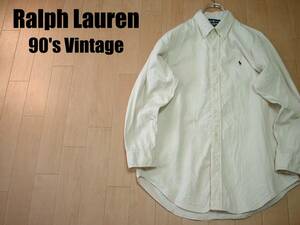 大人気Ralph LaurenライトベージュシャツMワンポイントボタンダウン90s正規BLAIREラルフローレンオックスフォードオフホワイト白アイボリー