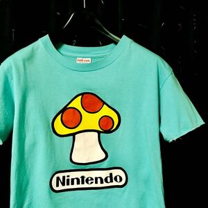 5千スタ【90s USA製 Nintendo マリオ キノコ ビンテージ Tシャツ】リメイク 水色 M 古着 レア アニメ ゲーム レディース 任天堂 akira