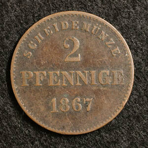 KM#174/ドイツ連邦 ザクセン＝マイニンゲン公国 2ペニッヒ銅貨(1867）[E920]コイン