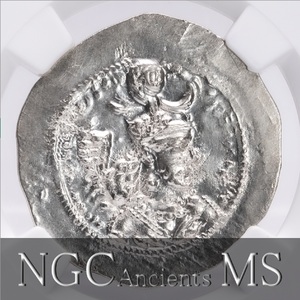 【古代シルクロード銀貨】AD399-420 イラン ササン朝ペルシャ ドラクマ銀貨 NGC MS ヤズデギルド1世 LD (Rayy) mint ペルシア アンティーク