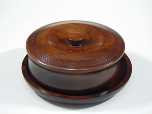 r4D031R-　昭和レトロ 木製 天然木 蓋付菓子入れ 菓子器 盆付き 茶道具 工芸品