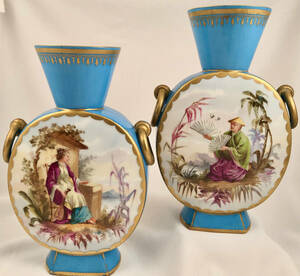 19世紀ぐらい パリ磁器シノワズリ花瓶ペア セレストブルー リングハンドルアンティーク 骨董品 ビンテージ