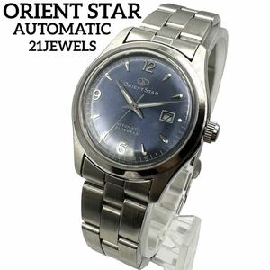 1円〜■稼動品■ ORIENT STAR 自動巻き デイト 21石 裏スケ 青文字盤 オリエントスター AUTOMATIC NROR-Q0 CS 21JEWELS 純正ベルト