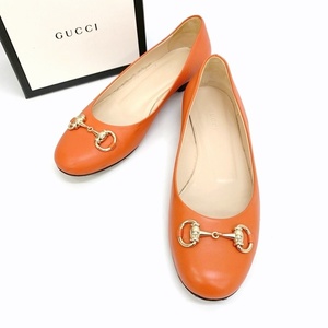 GUCCI ホースビット フラットシューズ バレエシューズ レザー 本革 466700 A9L00 箱付き 37 23.5～24相当 オレンジ グッチ 靴 DF10431■