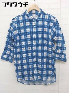 ◇ TAKEO KIKUCHI タケオキクチ チェック 七分袖 シャツ サイズM ホワイト ブルー メンズ