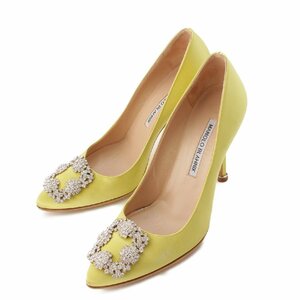 【マノロブラニク】Manolo Blahnik　ハンギシ サテン ビジュー バックル ヒール パンプス イエロー 36 1/2 【中古】【正規品保証】203436