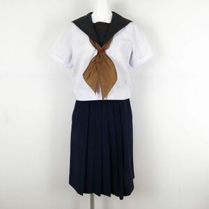 1円 セーラー服 スカート スカーフ 上下3点セット 大きいサイズ 夏物 茶3本線 女子 学生服 中学 高校 白 制服 中古 ランクC EY7741