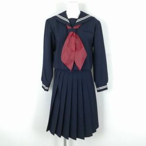 1円 セーラー服 スカート スカーフ 上下3点セット 165 冬物 白2本線 女子 学生服 中学 高校 紺 制服 中古 ランクC NA0919