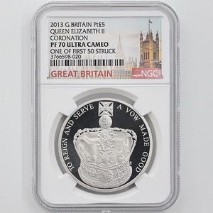 2013 英国 エリザベス2世戴冠60周年記念 5ポンド プラチナ貨 プルーフ NGC PF 70 UC ONE OF FIRST 50 STRUCK 最高鑑定 完全未使用品