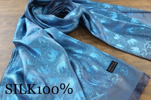新品 薄手【シルク100% SILK】エレファント柄 象柄 シャインブルー 青 S.BLUE 大判 ストール/スカーフ