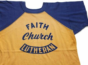 ★60s CHAMPIONチャンピオン ランタグ FAITH Church LUTHERAN 三段中抜き フロッキープリント コットン ラグランTシャツ マスタード×紺 44