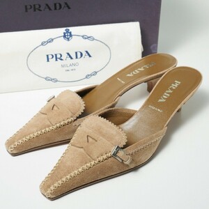 MF9058*未使用《PRADA プラダ》スエードレザー スクエアトゥ ミュール サンダル 35(22cm相当) 靴 ベージュ系