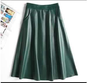 レディースラムレザースカート緑色フレアスカートM