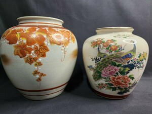 ▼九谷焼 花瓶 二点セット 作家 陶月 坂山 工芸 陶器 インテリア 置物 フラワーベース 和 骨董 壺 花器