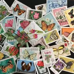 海外ヴィンテージ使用済み切手（花と蝶）ランダム30枚