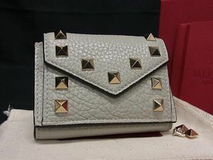 1円 ■美品■ VALENTINO GARAVANI ヴァレンティノ ガラヴァーニ ロックスタッズ レザー 三つ折り コンパクト 財布 グレー系 AY1111