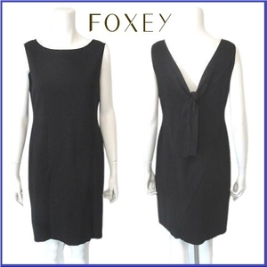 【美品】 最高級ライン フォクシー ブティック FOXEY BOUTIQUE ストレッチ パーティ ドレス ワンピース ノースリーブ バックリボン 40 黒