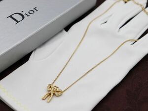 【美品】Christian Dior リボン ネックレス ストーン ロゴ クリスチャン ディオール ヴィンテージ アクセサリー レディース 結婚式 C19