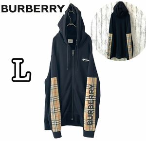 美品・希少 バーバーリ BURBERRYアームロゴヴィンテージ ノバチェック ジップアップパーカー Lサイズ　ブラック