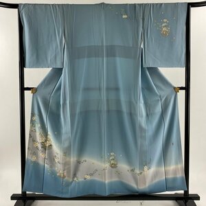 訪問着 身丈155.4cm 裄丈65cm M 袷 落款 花籠 枝花 染め分け ぼかし 水色 正絹 名品 【中古】