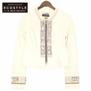 Dolce＆Gabbana　ホワイト ラムスキン ラインストーン付 ジップアップ ノーカラージャケット ジャケット 40 ホワイト レディース