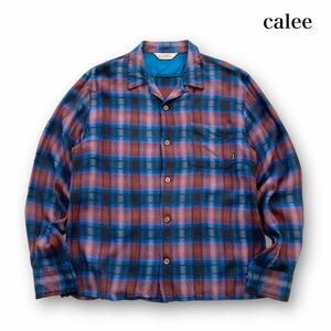 【CALEE】キャリー レーヨン 長袖チェックシャツ オープンカラーシャツ ボタンダウンシャツ チェック柄 開襟シャツ オンブレ 日本製 (L)