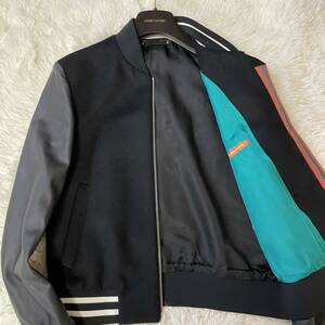 現行・希少L★ ポールスミス Paul Smith ジャケット MA-1 ラムレザー切り替え マルチストライプ ブラック ロゴジップアップ ブルゾン 羊革