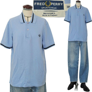 ★【USED品 国内正規品 イングランド製】 FRED PERRY フレッドペリー REISSUES M2 鹿の子素材 ライン 半袖 ポロシャツ サイズ 38 ブルー系