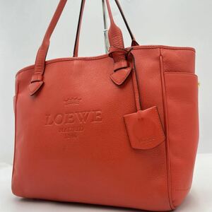 1円/極美品● ロエベ LOEWE トートバッグ ハンドバッグ ビジネス 肩掛け ヘリテージ ロゴ 型押し キーリング オレンジ レザー 