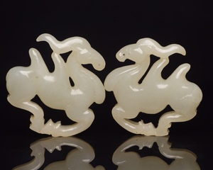  ▽鴻▽清・和田玉・白玉彫・馬駱駝彫り件一対 時代物 中国古美術 骨董品