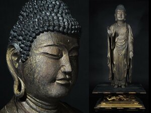 ◆木彫り・ 釈迦如来立像・仏像・置物・超細密彫刻・高さ58㌢◆a424