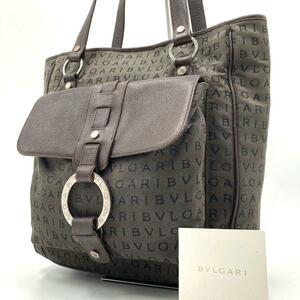 美品/A4収納可能●BVLGARI ブルガリ トートバッグ ショルダー ハンド ロゴマニア チャンドラ レザー キャンバス メンズ レディース 書類鞄