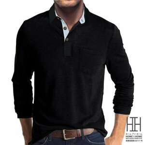M ブラック ポロシャツ メンズ ゆったり 長袖 ミリタリー系 切り替えデザイン 胸ポケット付き メンズポロシャツ トップス