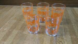 オレンジ色昭和レトロポップモダン花柄のグラス5個セット　新品　保管品 喫茶店 キッチンカフェ雑貨