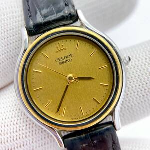 【1スタ】稼働 セイコー SEIKO クレドール CREDOR 18k ベゼル 腕時計 3針 ゴールド文字盤 純正ベルト 4J81 0A60 動作 1円