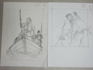 直筆画】鴇田幹 歴史・時代小説 挿絵用ラフ原画2枚一括 2/検;時代劇武士剣豪殺陣乗馬真筆真作肉筆雑誌画稿漫画劇画剣劇江戸庶民風俗