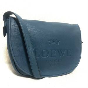 1円スタート！ 超美品 LOEWE ロエベ ヘリテージ レザー ショルダーバッグ 斜め掛け アナグラム ブルー系 ハーフムーン メンズ レディース