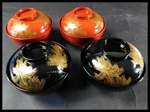 黒塗 朱塗 金蒔絵 松葉文 吸物椀 4客 木製漆器 漆芸 伝統工芸 OK3783