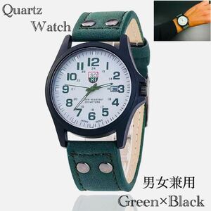 腕時計　時計　日付　ツートン アナログ メンズ クォーツ 高品質 レザー ベルト　革　カレンダー　オシャレ ウォッチ ブラックグリーン　2