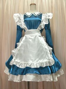 5-11☆大きめサイズ*超光沢ブルー＆ホワイト*ロリィタ系メイド服/W42.B46☆