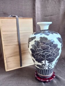 ☆中国古玩 磁州窯 花瓶 花器 壺 木製花台付き 中国美術 古美術 木箱