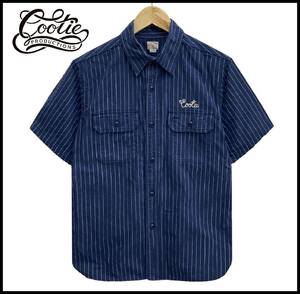 COOTIE クーティー Rodder Stripe S/S Work Shirt ロゴ リボン 刺繍 ストライプ ヘリンボーン 総柄 半袖 ワーク シャツ ネイビー 紺 M