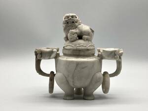 【石彫　白獅子香炉】　中国古玩　骨董　　L0717C