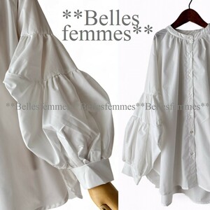 ★新品★*送料185円★*トレンド感のボリューム袖*バンドカラー*ポワン袖チュニックブラウス*★Belles*611オフホワイト*M～L*ジレのインナー