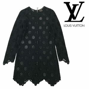 j154 美品 LOUIS VUITTON ルイヴィトン コットン レース ワンピース 長袖 ドレス キャミペチコート付き S フランス製 ブラック 正規品