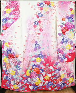 本振袖 正絹 白 ローズピンク 赤 刺繍薔薇 蘭 桜 Lサイズ ki24886 新品 着物 レディース 成人式 送料無料