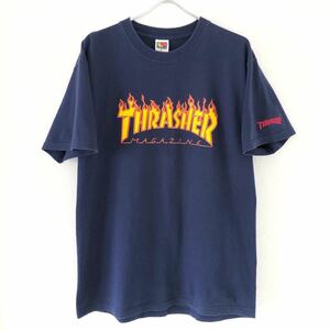 ■激レア 両面プリント■90s THRASHER MAGAZINE ファイヤーロゴ フレイム Tシャツ L XL相当 スラッシャー 紺 パウエル VANS ビンテージ