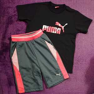 プーマ PUMA Tシャツ130 ハーフパンツ120 上下セット 黒×紅ピンク グレー×オレンジピンク×シルバーラメ