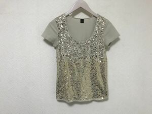 美品本物ベアトリスbeatriceスパンコールコットンストレッチ半袖TシャツベージュパーティーM38スーツビジネスベージュゴールド金