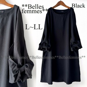 ★送料185円★新品 L～LL/XL/2L★リボン袖チュニック*大人可愛い*春夏チュニック*たっぷり長め丈*ふんわりチュニックワンピ695*ブラック